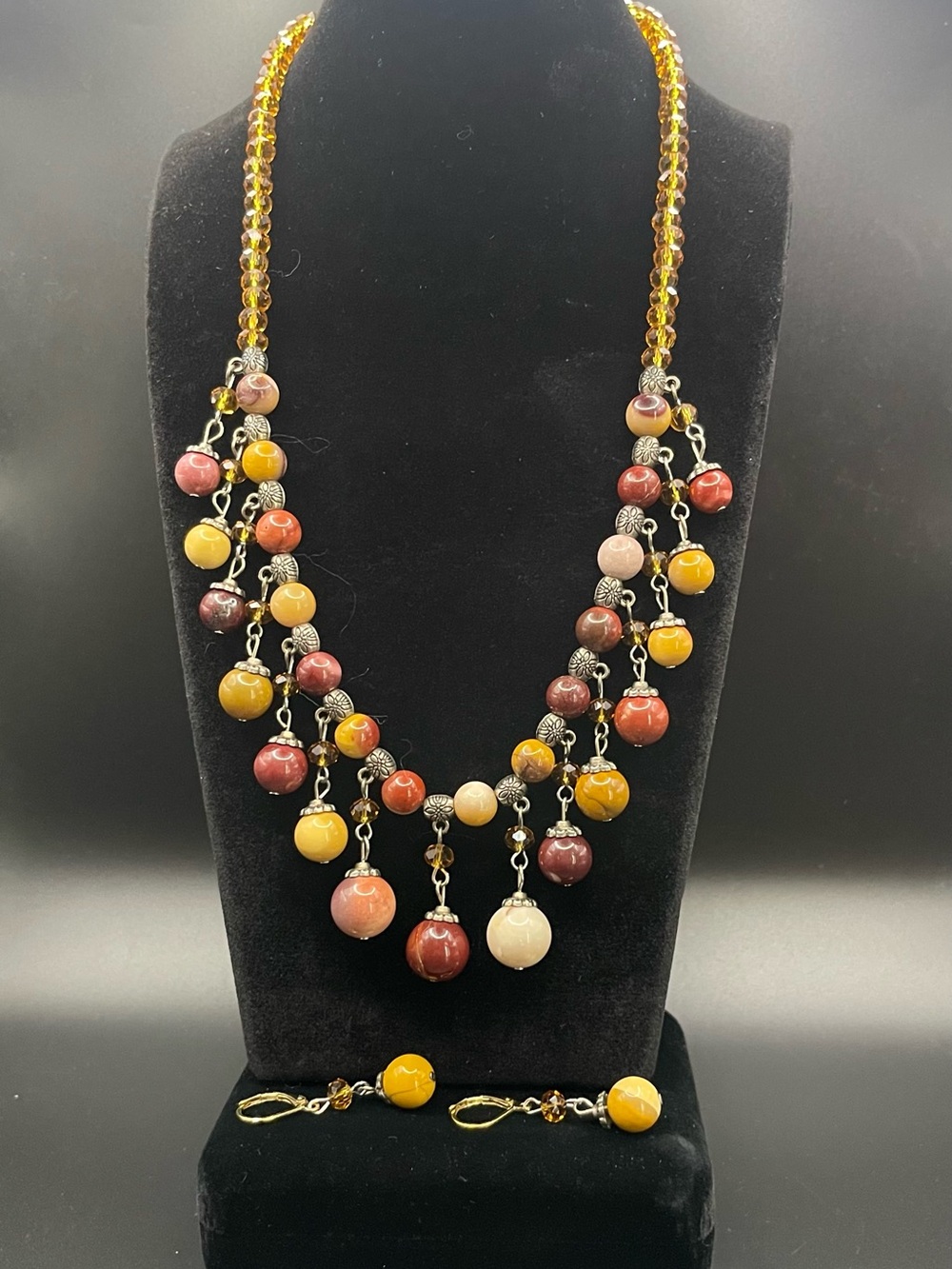 Boho Mookaite Jasper Cluster Bib Statement Necklace & Matching Earrings Set